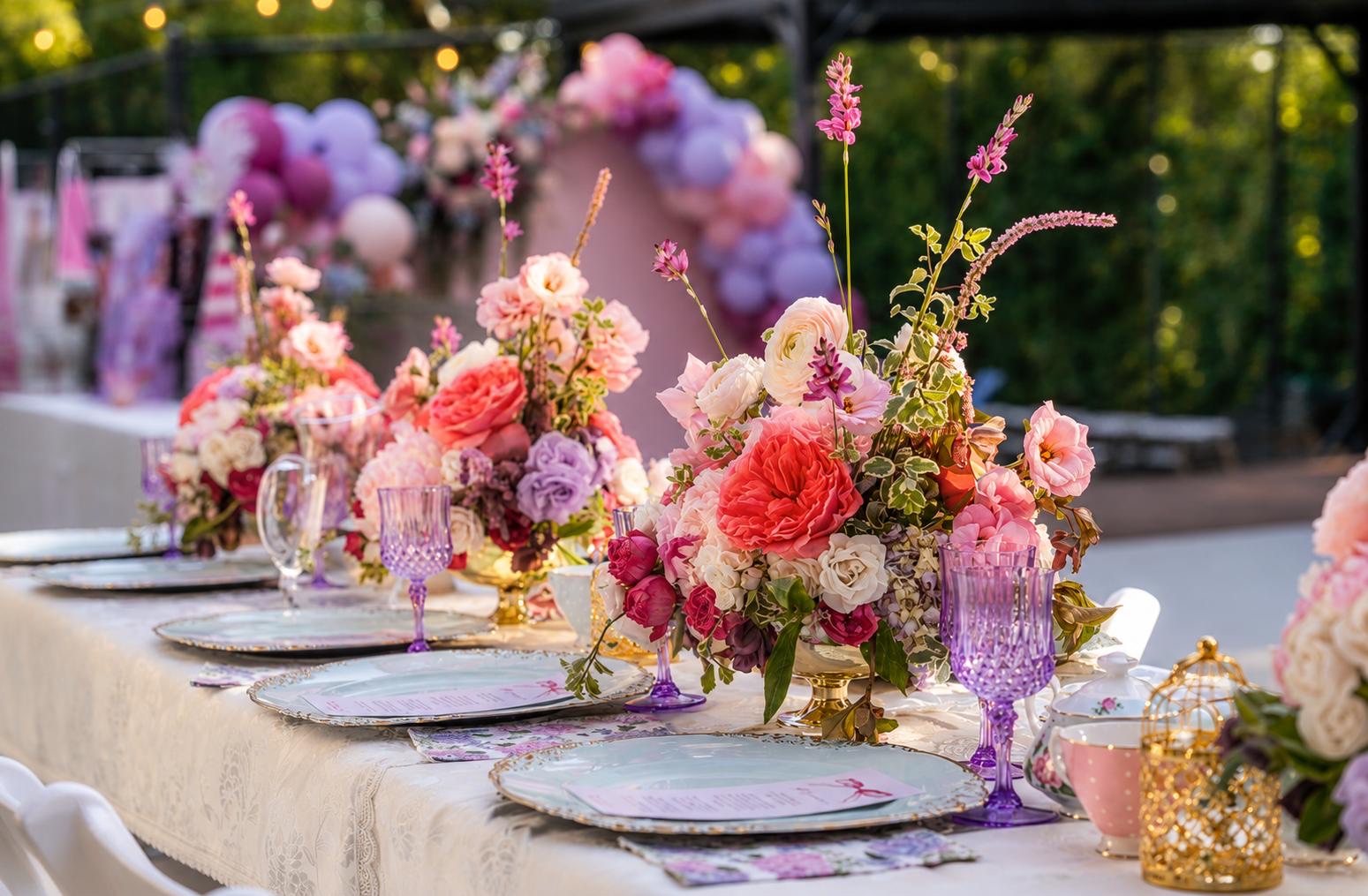 A vibrant private celebration tablescape with abundant flowers