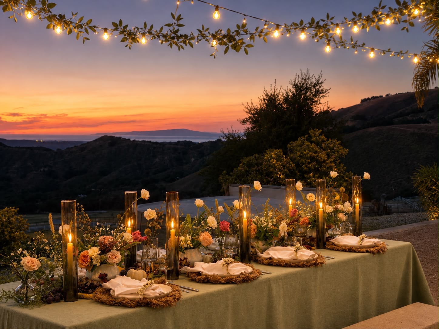 A candlelit hillside dinner table at sunset, styled with autumn florals and string lights