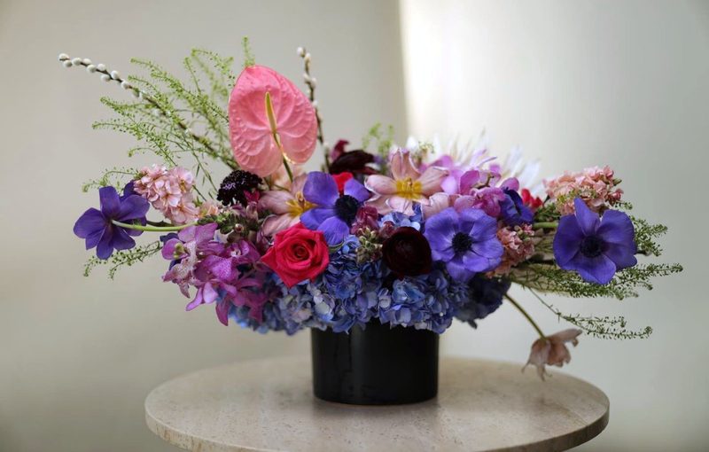 Purple anemone and anthurium, studio